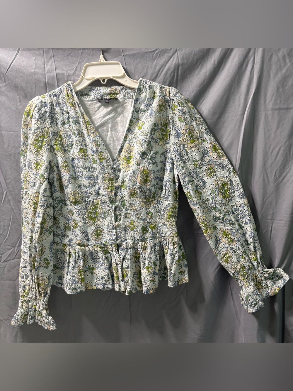 7 For All Mankind Eyelet Floral Peplum Blouse - Light Blue & Green